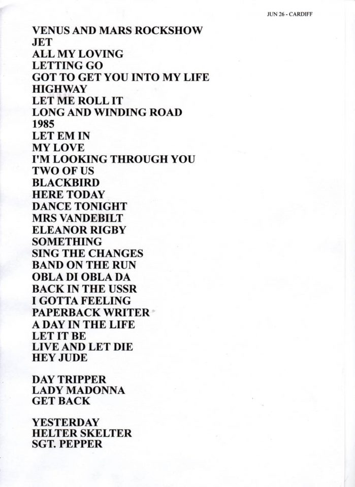 Setlist for Paul McCartney's concert in Cardiff, 26 June 2010