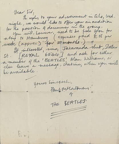 Letter from Paul McCartney to unknown drummer, 12 August 1960