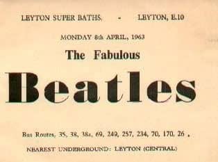 Advert for The Beatles at the Swimming Baths, Leyton, London, 8 April 1963