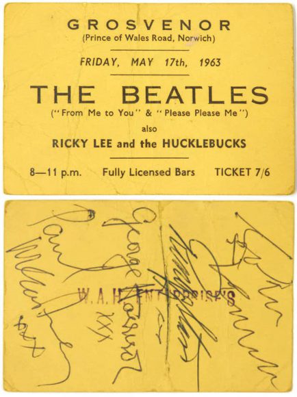 Autographed ticket for The Beatles at The Grosvenor, Norwich, 17 May 1963