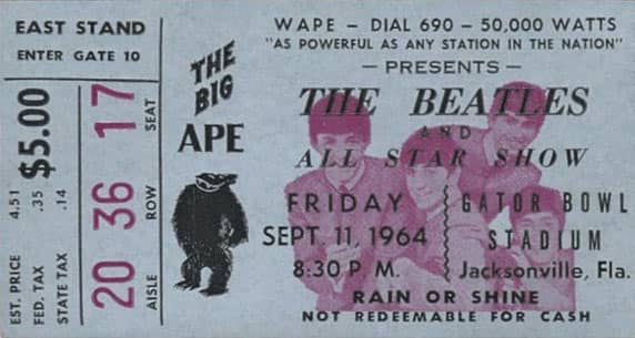 Ticket for The Beatles in Jacksonville, Florida, 11 September 1964