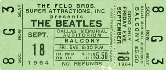 Ticket for The Beatles at the Memorial Auditorium, Dallas, 18 September 1964