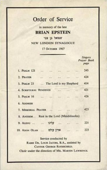 Order of service for Brian Epstein's memorial, 17 October 1967