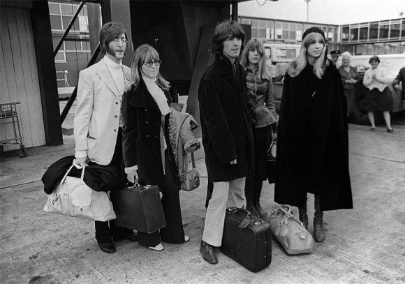 John and Cynthia Lennon, George and Pattie Harrison and Jenny Boyd fly to India, 15 February 1968