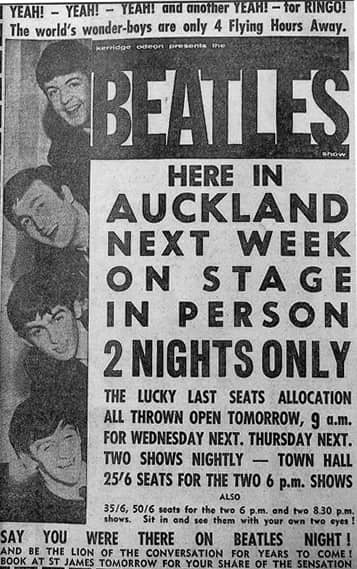 Newspaper advertisement for The Beatles in Auckland, June 1964