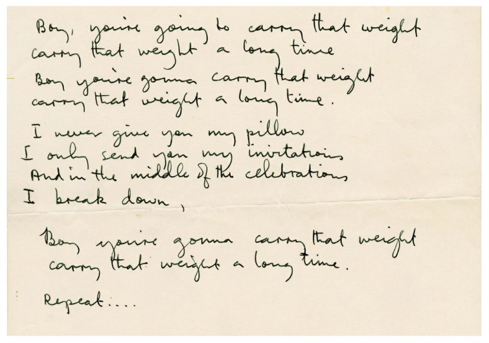 Paul McCartney's handwritten lyrics for Carry That Weight