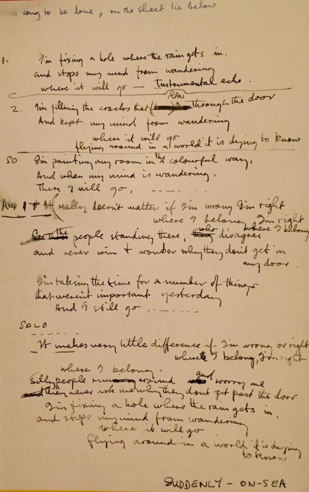 Paul McCartney's handwritten lyrics for Fixing A Hole
