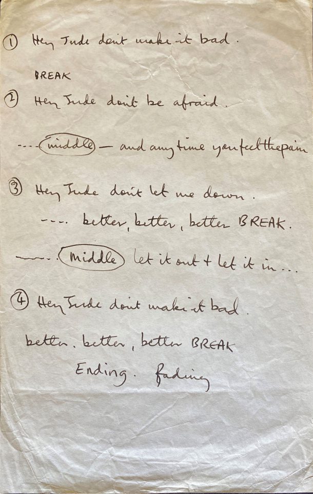 Paul McCartney's handwritten lyrics for Hey Jude