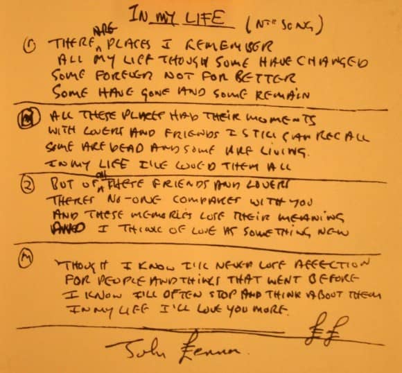 John Lennon's handwritten lyrics for In My Life