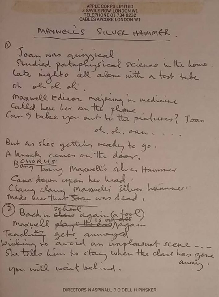 Paul McCartney's lyrics for Maxwell's Silver Hammer