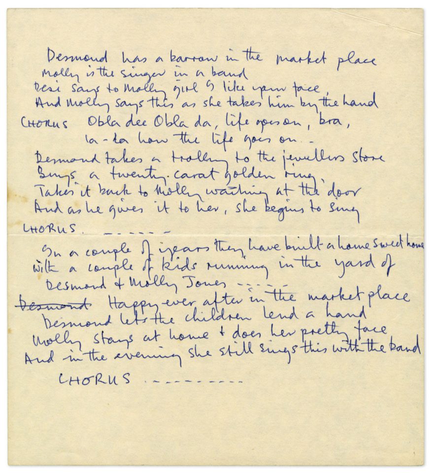 Paul McCartney's handwritten lyrics for Ob-La-Di, Ob-La-Da