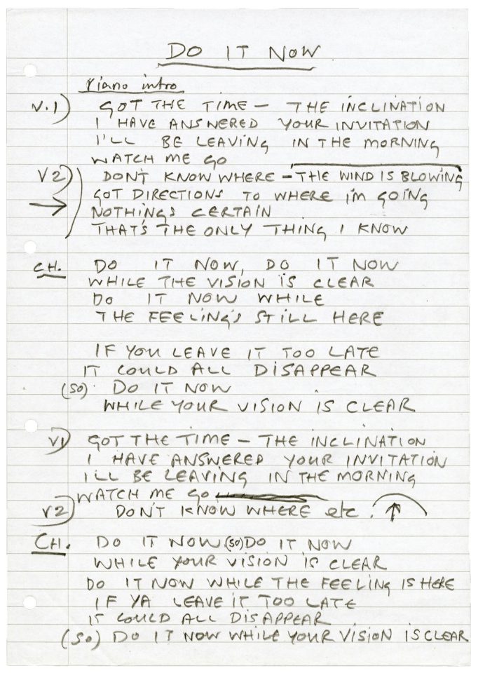 Paul McCartney's handwritten lyrics for Do It Now