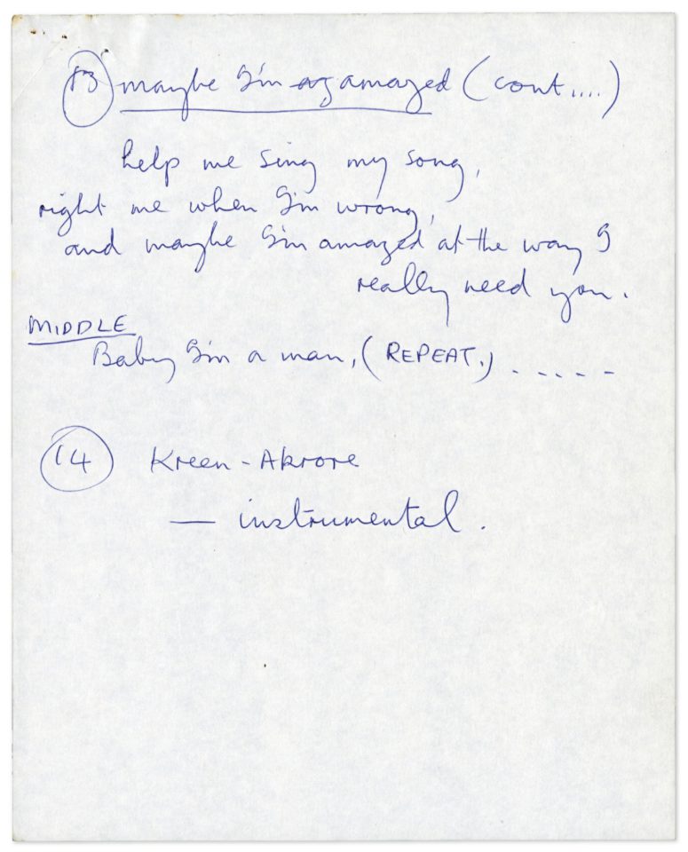 Paul McCartney's handwritten lyrics for Maybe I'm Amazed