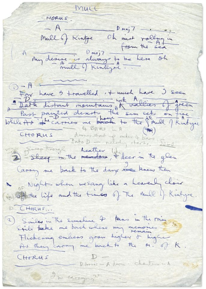 Paul McCartney's handwritten lyrics for Mull Of Kintyre