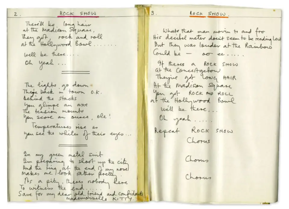 Paul McCartney's handwritten lyrics for Rock Show