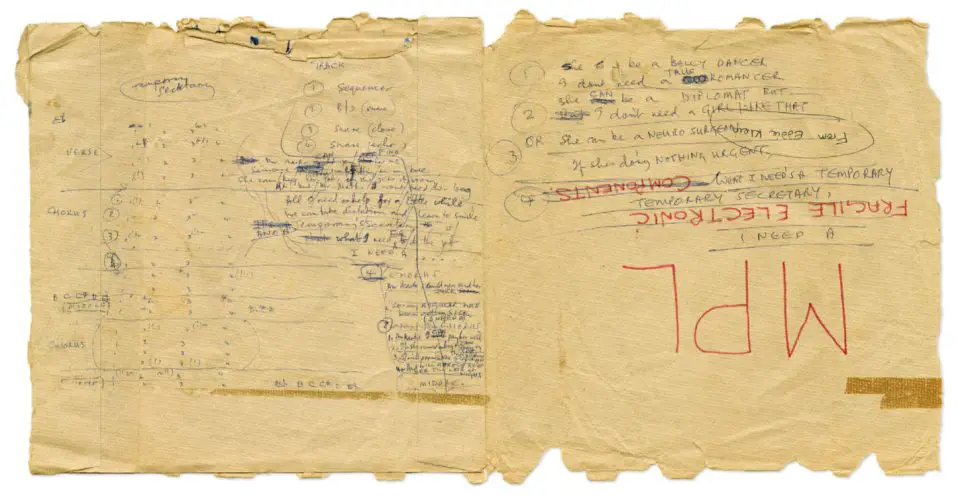 Paul McCartney's handwritten notes for Temporary Secretary