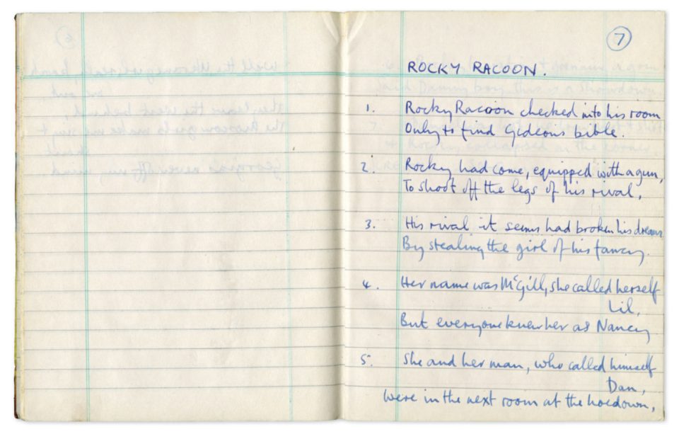 Paul McCartney's handwritten lyrics for Rocky Raccoon