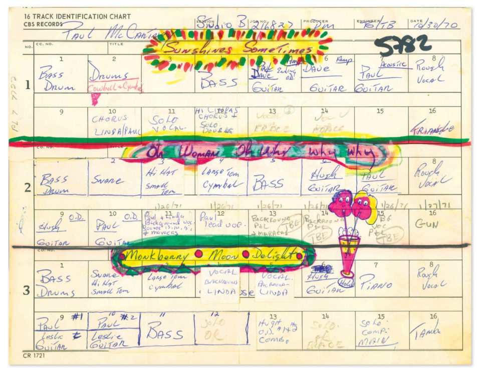 Paul McCartney's studio track sheet for Ram