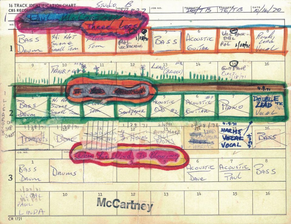 Paul McCartney – recording sheet for 3 Legs, I Lie Around, When The Wind Is Blowing