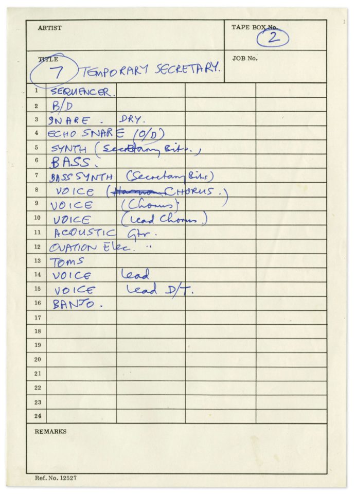 Paul McCartney's studio track sheet for Temporary Secretary