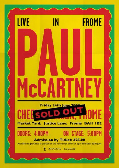 Poster for Paul McCartney at the Cheese & Grain, Frome, 24 June 2022