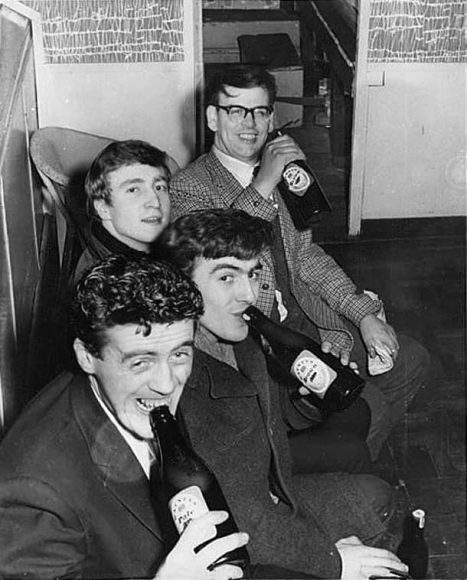 Dick Matthews, John Lennon, George Harrison and Sam Leach at the Palais Ballroom, Aldershot, 9 December 1961