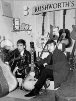 John Lennon and George Harrison receive Gibson J-160E guitars, Rushworth's Music House, Liverpool, September 1962