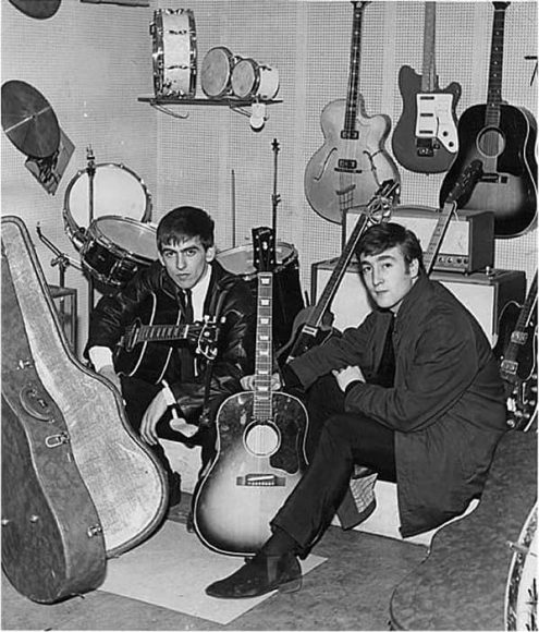 John Lennon and George Harrison receive Gibson J-160E guitars, Rushworth's Music House, Liverpool, September 1962