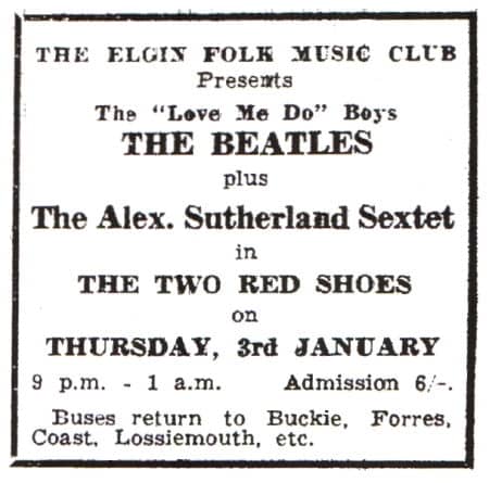 Advertisement for The Beatles at Two Red Shoes Ballroom, Elgin, Scotland, 3 January 1963