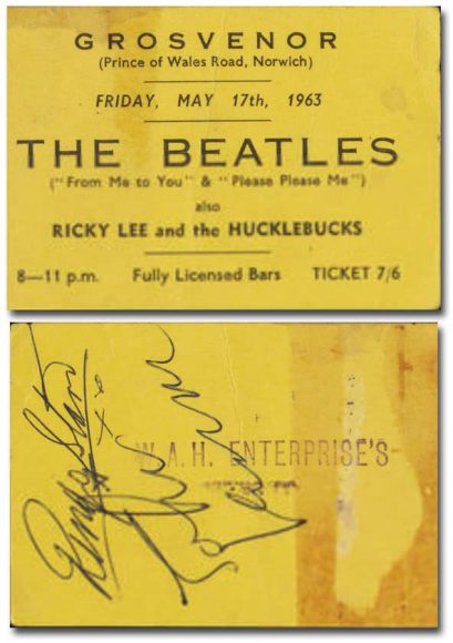 Autographed ticket for The Beatles at The Grosvenor, Norwich, 17 May 1963