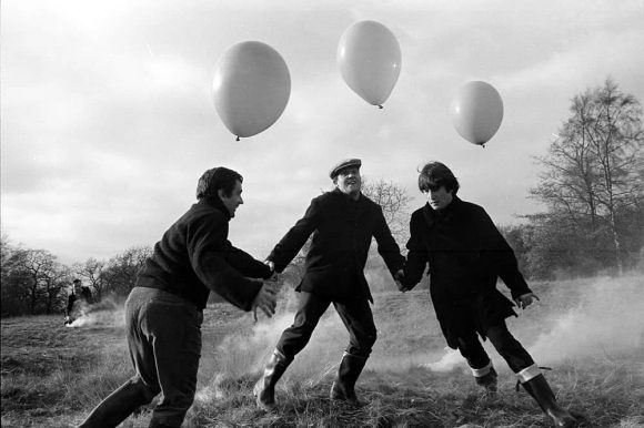 John Lennon, Dudley Moore and Norman Rossington filming Not Only... But Also, Wimbledon Common, London, 20 November 1964