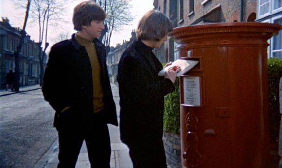 John Lennon and Ringo Starr film the postbox scene in Help!, London, 9 May 1965