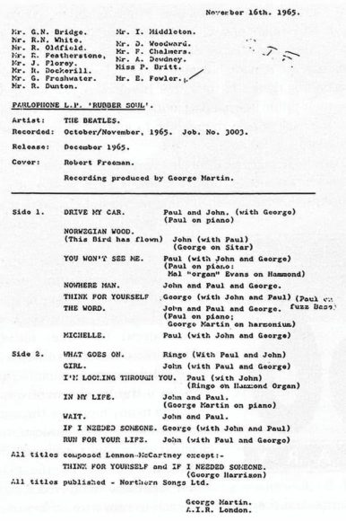 George Martin's Rubber Soul running order memo, 16 November 1965