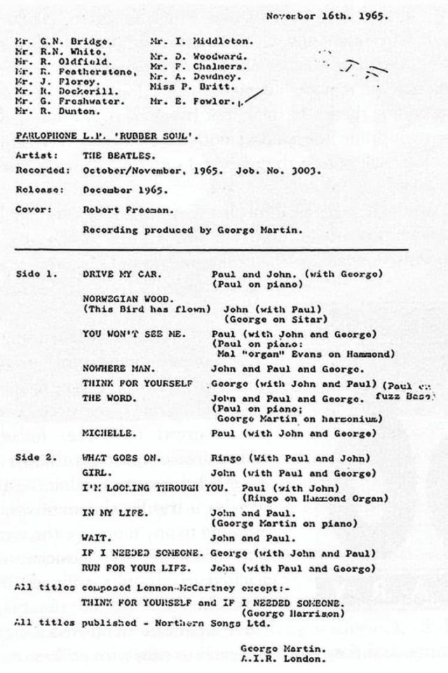 George Martin's Rubber Soul running order memo, 16 November 1965