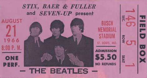 Ticket for The Beatles at Busch Stadium, St Louis, 21 August 1966