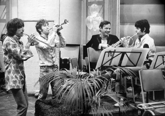 The Beatles with Brian Epstein, 25 June 1967 (photo: David Magnus)