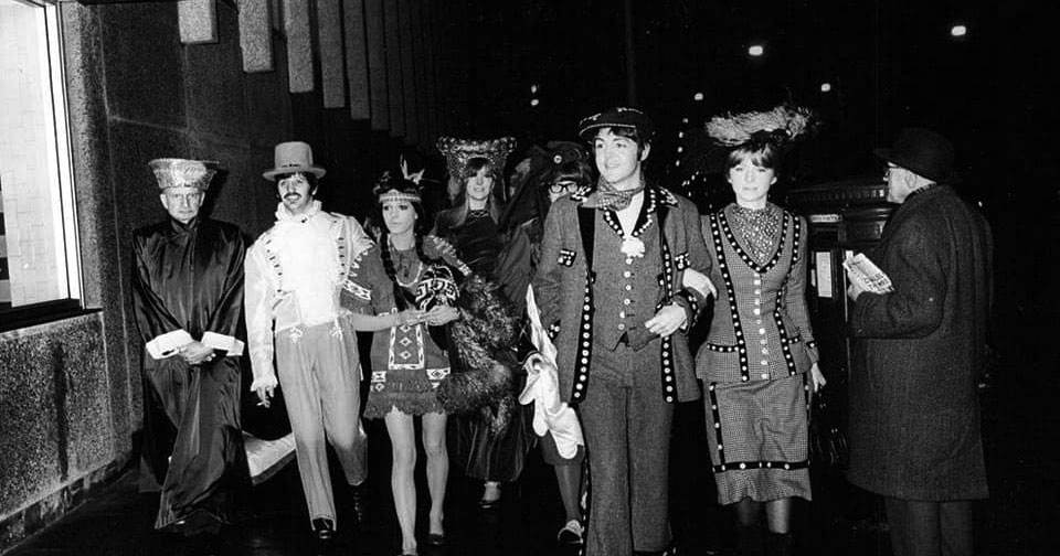 Paul McCartney, Ringo Starr, Jane Asher and others at the Magical Mystery Tour party, 21 December 1967