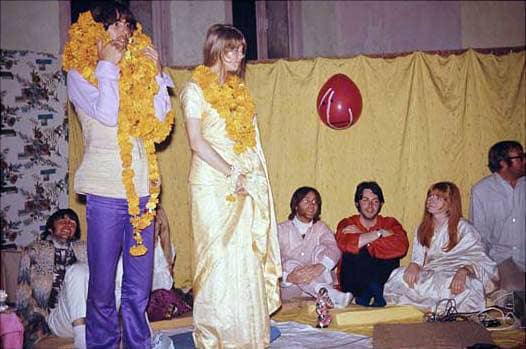George Harrison, Pattie Boyd and others in Rishikesh, India, 25 February 1968