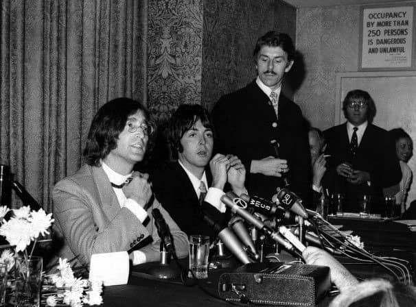 John Lennon and Paul McCartney at a New York press conference, 14 May 1968