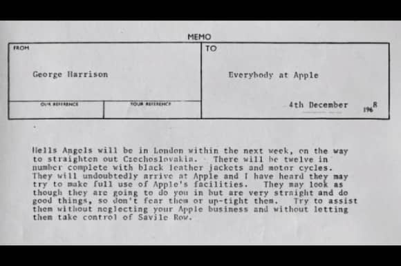 George Harrison's memo to Apple staff about the Hells Angels, 4 December 1968