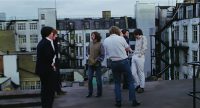 Michael Lindsay-Hogg, Kevin Harrington, Ringo Starr, Mal Evans, Paul McCartney, Glyn Johns – Apple rooftop, 25 January 1969