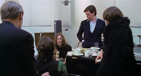 George Martin, Paul McCartney, John Lennon, Michael Lindsay-Hogg, George Harrison – Apple Studios, 29 January 1969