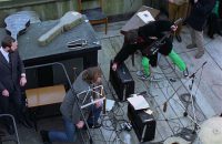 Peter Brown, Mal Evans, George Harrison – Apple rooftop, 30 January 1969