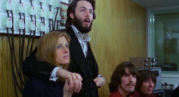 Linda Eastman, Paul McCartney, George Harrison, Glyn Johns – Apple Studios, 30 January 1969