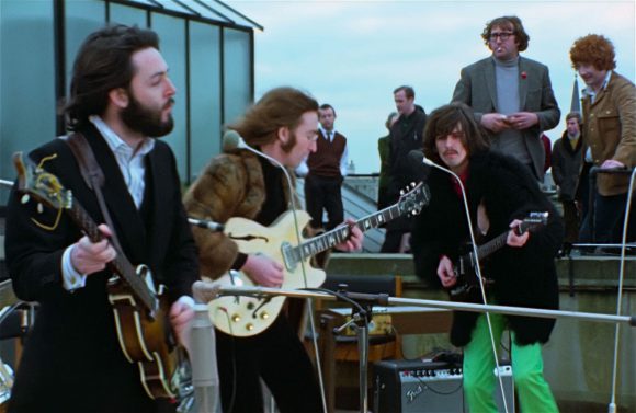 Paul McCartney, John Lennon, George Harrison, Mal Evans, Kevin Harrington – Apple rooftop, 30 January 1969