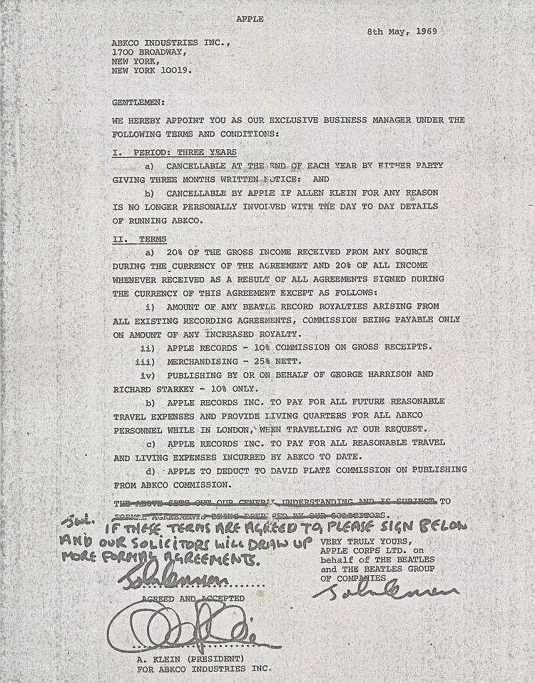 John Lennon's signed contract appointing Allen Klein as The Beatles' manager