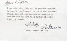 Letter from John Lennon to the Queen returning his MBE, 25 November 1969