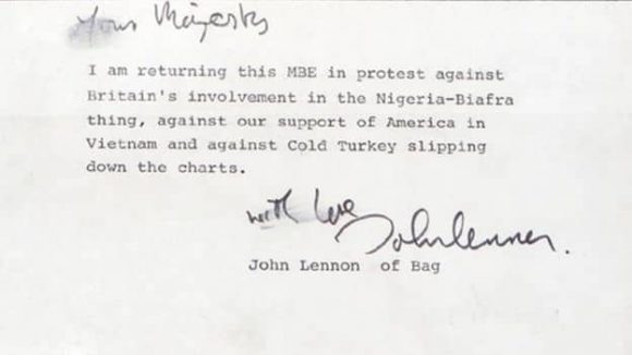 Letter from John Lennon to the Queen returning his MBE, 25 November 1969