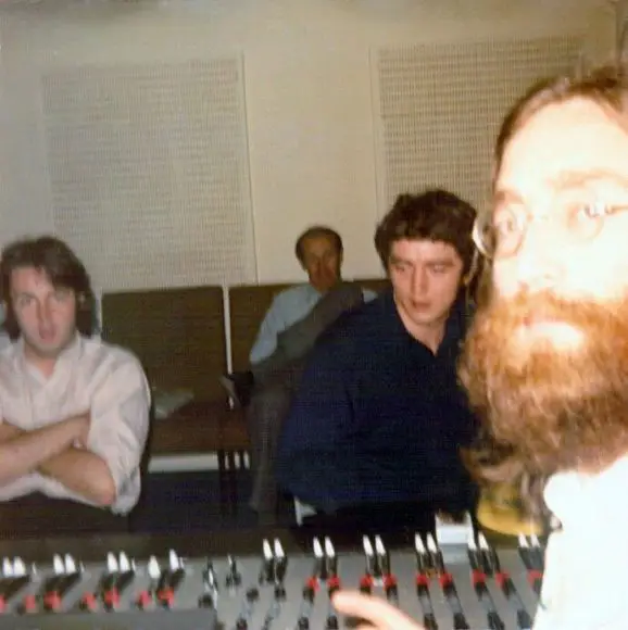Paul McCartney, George Martin, engineer Phil McDonald and John Lennon, 1969