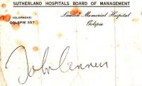 John Lennon's autograph, signed at Lawson Memorial Hospital, Golspie, Scotland, July 1969